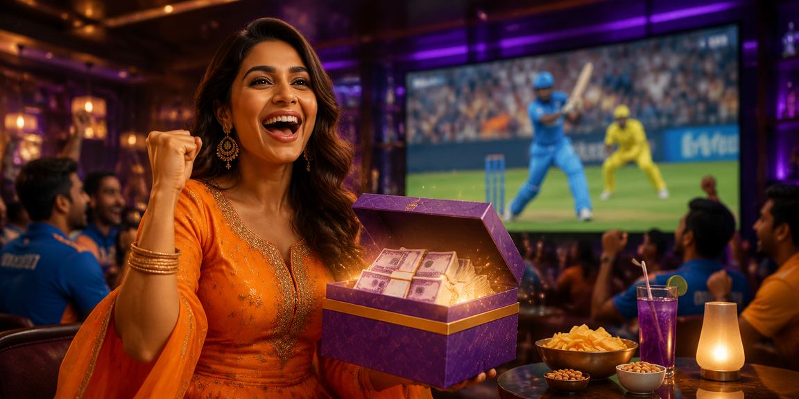 User making payments using mobile banking in India with cricket background